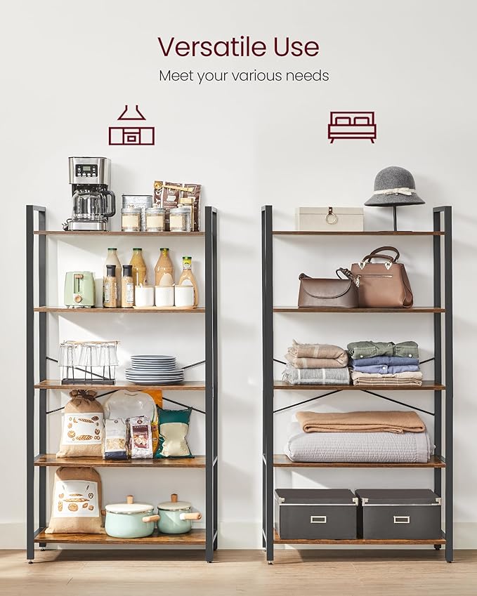 VASAGLE 5-Tier Bookshelf, Bookcase with Steel Frame, Book Shelf for Living Room, Home Office, Study, 11.8 x 31.5 x 60.2 Inches, Industrial Style, Rustic Brown and Ink Black ULLS081B01