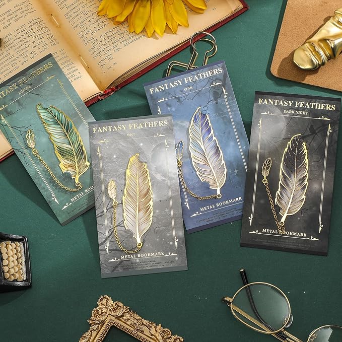 4 Pieces Metal Feather Bookmarks with Chain, Birthday Gifts Book Mark Bookmarks for Book Lovers Writers Readers Children Teens Men Women Adults Teacher