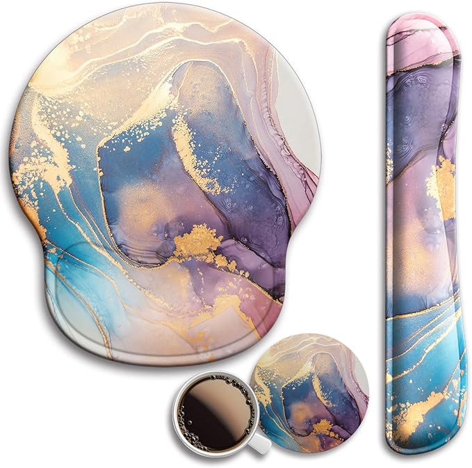Mouse Pad and Keyboard Wrist Rest Support, with Non-Slip PU Base,Gel Mouse Pad with Coaster,Pain Relief for Gaming, Computer,Office -Marble 2