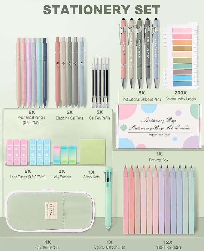 56 PCS Aesthetic School Supplies with Pencil Case, 5 Inspirational Ballpoint Pens, 12 Pastel Highlighters, 5 Black Ink Gel Pens, 6 Mechanical Pencils 0.5-0.7mm Preppy School Supplies Xmas Gift(Green)
