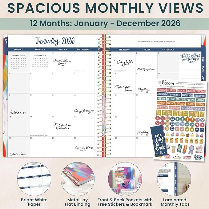 bloom daily planners 2026 Planner (January to December) - 8.5” x 11” Weekly & Monthly Dated Agenda Organizer Book with Stickers & Tabs - Flexible Soft Cover - Brilliant Brushstrokes