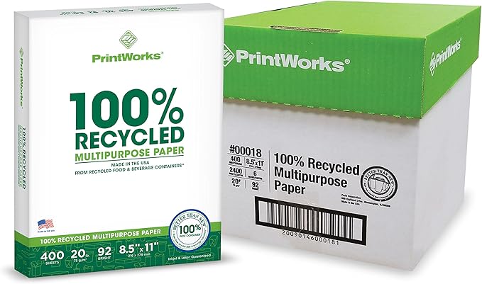 PrintWorks 100% Recycled Printer Paper 8.5" x 11" White - 20 lb Copy & Multipurpose Computer Paper - 2400 Sheets/Carton, 80 Cartons/Pallet, 192,000 Sheets - Made in the USA - 92 Bright (00018PAL)