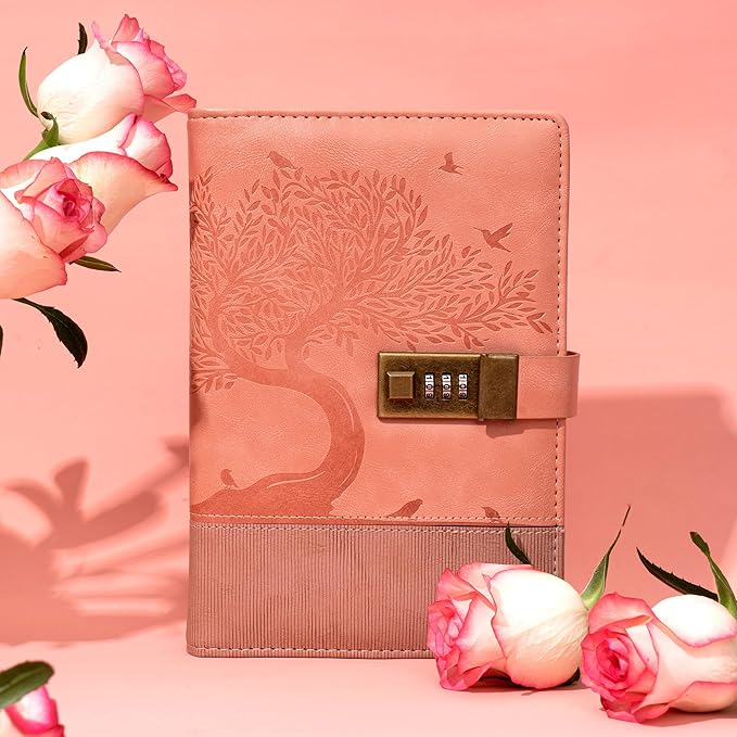 Pink Diary with Lock for Women Girls 256 Pages Leather Password Journal with Lock A5 Vintage Locked Journals for Writing Note Taking, 5.9x 8.3 in