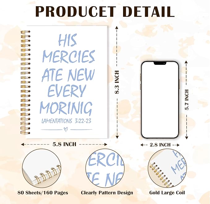 Qabliqo Trendy Blue Christian Spiral Notebooks, His Mercies Are New Every Morning Bible Journal, Religious Scripture Journals for Writing, Bible Verse Notebook for Note Taking, 5.5x8.3 Inch