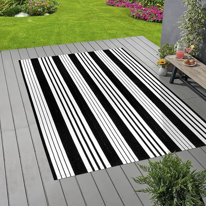 OJIA Black and White Outdoor Rug 4x6 ft Cotton Woven Patio Rug Machine Washable Front Door Mat Indoor/Outdoor Area Rugs Floor Mat for Farmhouse/Front Porch/Lawn/Living Room