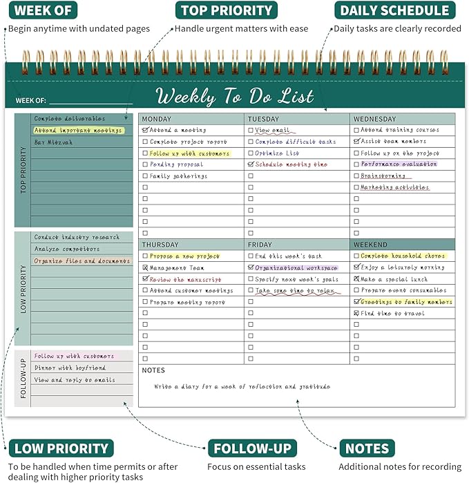 Weekly To Do List Notepad, 52 Undated Sheets （8.5"×11") Duplex-printed Weekly Planner Notepad For Work Home School Office Desk Accessories Supplies & Goal Setting Tasks - Green