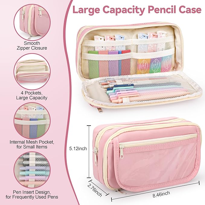 61 PCS Aesthetic School Supplies with Cute Pencil Case, Pastel Highlighters, Gel & Erasable Pens, Mechanical Pencils, Refills, Complete Essentials Stationery Kit for Students (Pink)