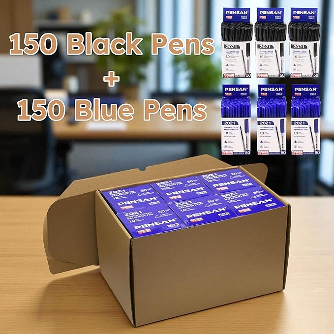 Ballpoint Pens Bulk Pack, 300-Count – (150 Black & 150 Blue) Ink Pens, 1.0mm Medium Point, Ergonomic Triangle Grip, Smooth Writing