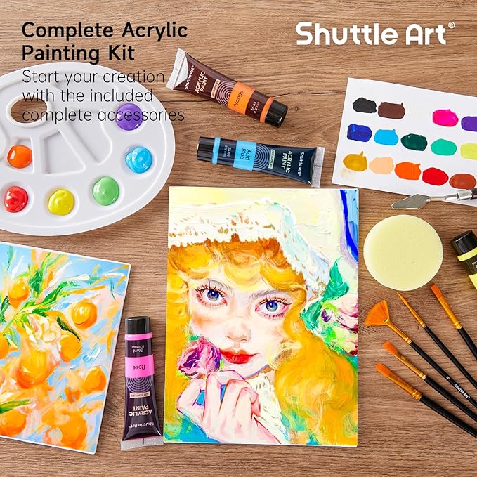 Shuttle Art 48 Pack Acrylic Paint Set, 30 Colors Acrylic Paint (36ml) with 10 Brushes 5 Canvas 1 Paint Knife 1 Palette 1 Art Sponge, Complete Set for Kids, Adults Painting on Canvas Rocks Wood Ceramic