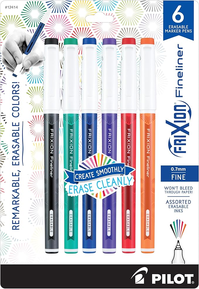 Pilot, FriXion Fineliner Erasable Marker Pens, Fine Point 0.7 mm, Pack of 8, Assorted Colors