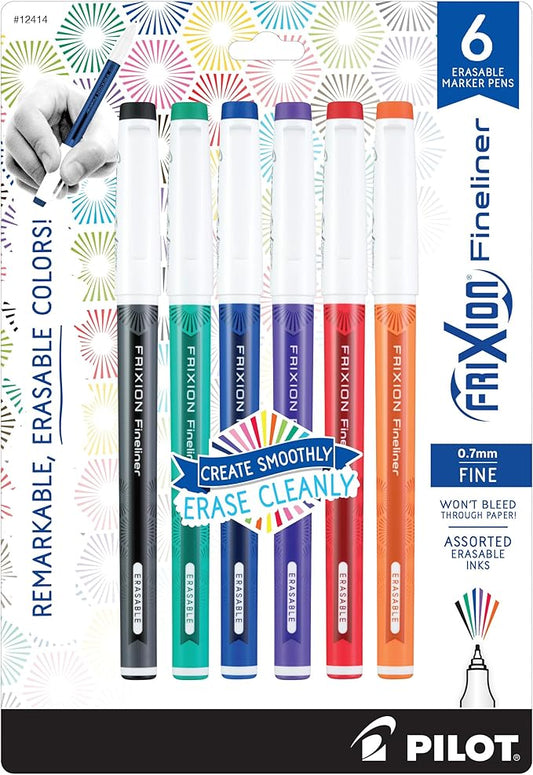 Pilot, FriXion Fineliner Erasable Marker Pens, Fine Point 0.7 mm, Pack of 8, Assorted Colors