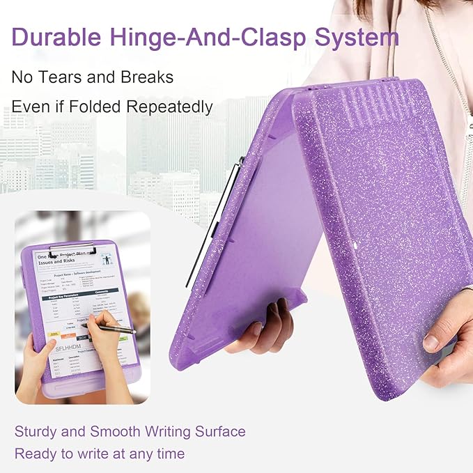 Glitter Clipboard with Storage,Storage Clipboard with Pen Holder,A4 Binder Clip Boards 8.5x11 with Low Profile Clip,Side Opening Sparkle Clipboards, Clipboards Folder for Office Supplies-Pale Purple