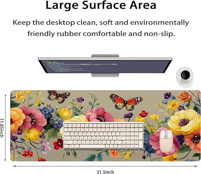 31.5”x11.8”Large Gaming Mouse Pad for Desk, Mouse Mat with Seamed Edges, Waterproof Desk Pad, Non-Slip Rubber Base, Keyboard Pad Computer Mat, Big XL Mousepad-Boho Floral with Butterflies