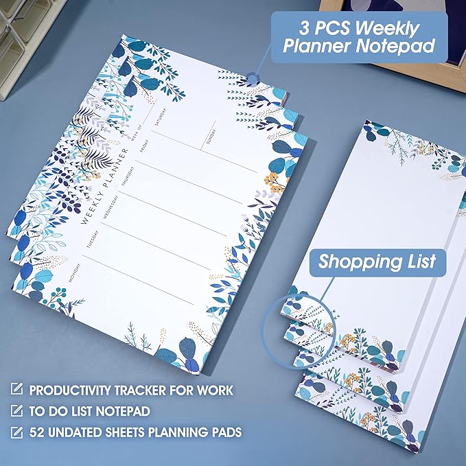 3 Pack Weekly Planner Notepad Tear Off 52 Undated Weekly Calendar Sheets To Do List Notepad Desk Planner Planning Pads Productivity Tracker for Work Goals Notes Schedule Ideas, Blue
