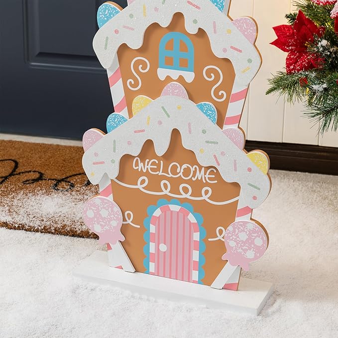 Glitzhome 35" H Wooden Christmas Gingerbread House Porch Decor With Welcome Message, Farmhouse Rustic Freestanding Xmas Gingerbread Sign with Base, Indoor & Outdoor Front Door Yard Holiday Decor