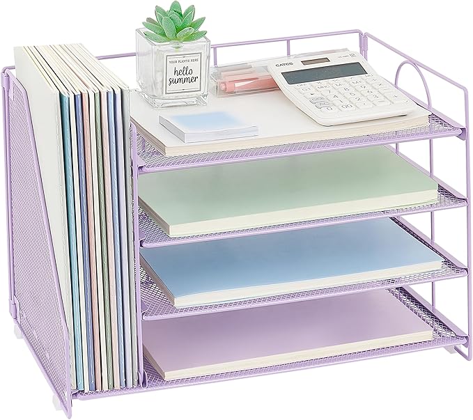 OPNICE 4-Tier Paper Organizer with Magazine Holder, Desk Organizers and Accessories, Office Desk Accessories & Workspace Organizers, Desktop File Organizer for Office Supplies Storage, Purple