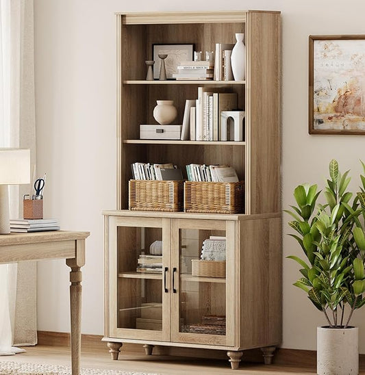 WAMPAT 5 Tier Bookshelf 72" Tall Bookcase with Glass Doors,Large Farmhouse Display Book Shelf with Adjustable Shelves and Storage Cabinet，Library Wood Bookshelves for Living Room,Kitchen, Oak