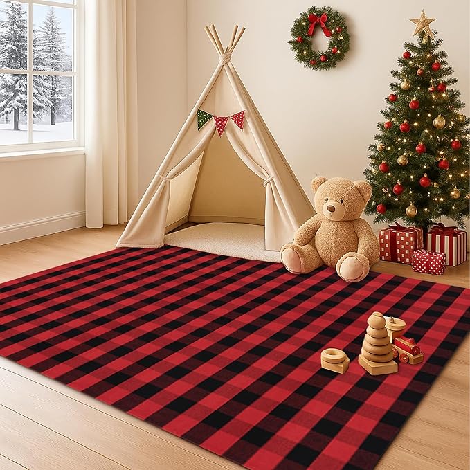 Ckorzen Red and Black Plaid Rug, 8' x 10' Christmas Front Porch Outdoor Rug, Handwoven Cotton Washable Rug for Layered Door Mats, Holiday Entryway and Home Décor