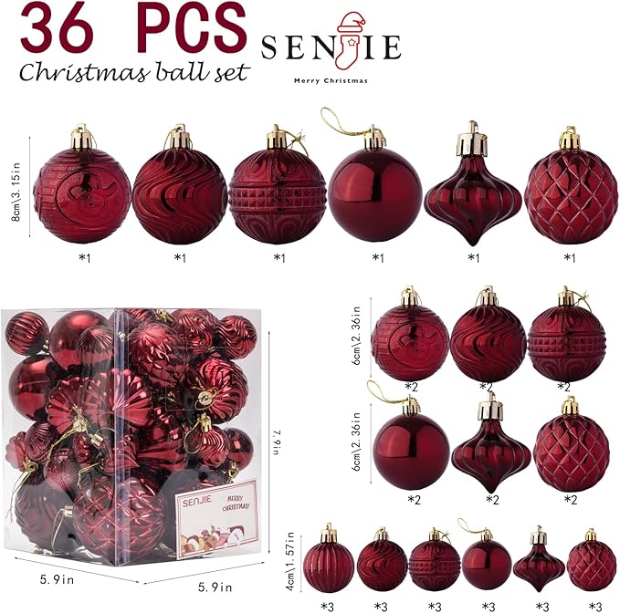 Christmas Ornaments Set with 36pcs Shatterproof Christmas Tree Decorations Multi-Size Christmas Ball Ornaments with 7 Styles Burgundy