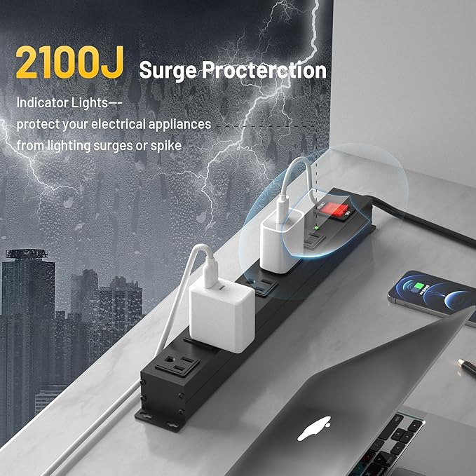 KF 6 Outlet Metal Wall Mount Power Strip, 2100J Surge Protection Heavy Duty Power Strip, 15A/1875W Mountable Power Strips with Upgraded Switch, 14AWG 10FT Power Cord, Black