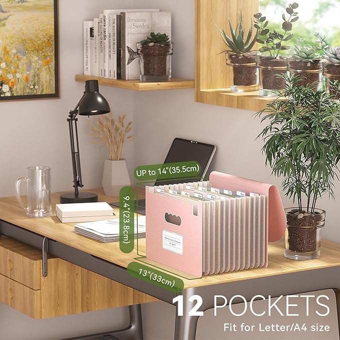 Accordion File Organizer, 13 Pockets Wheat Straw Expanding File Folder, Portable Monthly Paper Bill Tax Receipt Organizer, Letter A4 Size Document Holder with Colorful Tab - Strawberry Pink