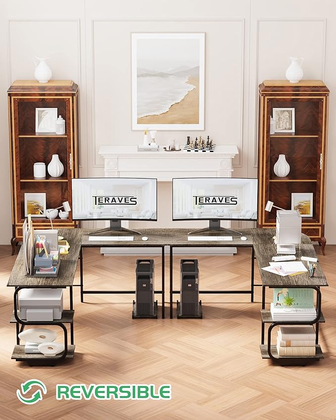 Teraves Reversible L Shaped Desk with Large Surface, 69 Inch Sturdy Corner Desk with Storage Shelves, Premium Office Computer Desk Workstation for Home Office Gaming