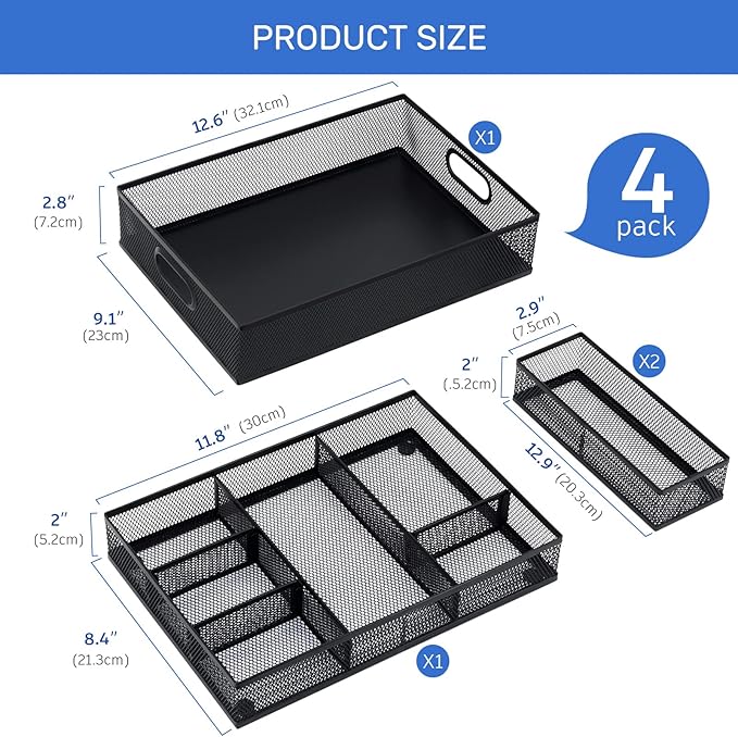 Neudeco Desk Drawer Organizer with 6 Adjustable Dividers, Metal Pen organizer for desk drawer,Mesh Office Desk Drawer Organizer Tray for office supplies (Pack 4, Black)