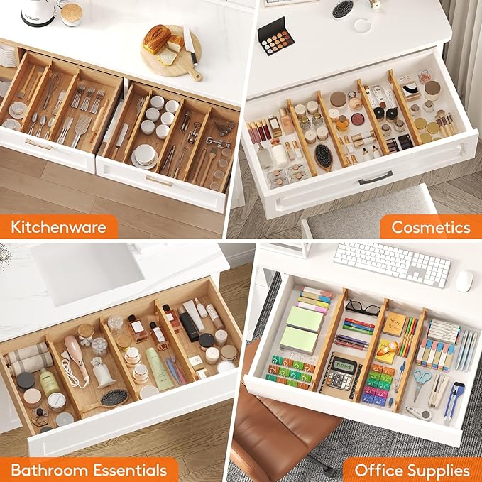Lifewit 8 Pack Drawer Dividers Bamboo 4" High, 16-22" Adjustable Drawer Organizers for Clothes, Expandable Dresser Separators in Bedroom/Bathroom/Kitchen/Fridge/Office Organization and Storage