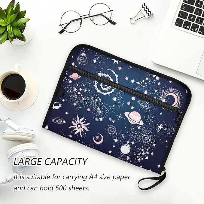 Expanding File Folder - Space Galaxy Pattern 13 Pocket Accordion File Folders with Sticky Labels, A4 Letter Size Paper Document Organizer with Zipper Closure for Office School Boys Girls