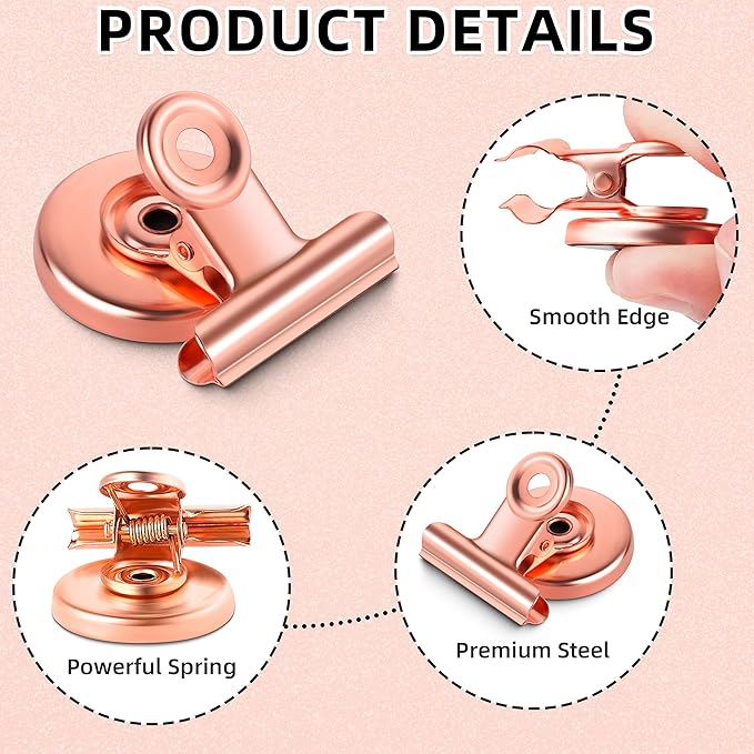 Grtard 24pack Rose Gold Magnetic Clips, Strong No-Scratch Refrigerator Magnets, Multi-Purpose Heavy Duty Clips for Fridge, Whiteboard, Locker, Classroom