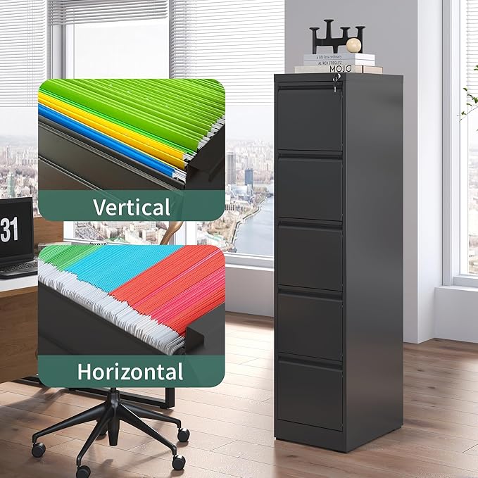 5 Drawer File Cabinet with Lock,Metal Vertical Filing Cabinets for Home Office,Heavy Duty File Storage Cabinet for Letter/Legal/A4/F4 Size File,Assembly Require (Black, Vertical 5 Drawer)