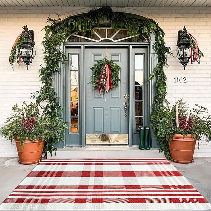 Christmas Plaid Outdoor Rug, 4' x 6' Red&White Check Indoor/Outdoor Area Rug, Layering Rug for Hello/Welcome Door Mat, Machine Washable Cotton Woven Rug for Farmhouse Front Porch, Entryway