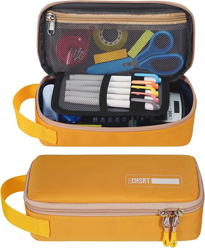 ECHSRT Pencil Case for Men Women, Large Pen Bag for Adults, Portable Pencil Pouch Aesthetic with Handle, Zipper Cases for Office Organizer Yellow for Girls
