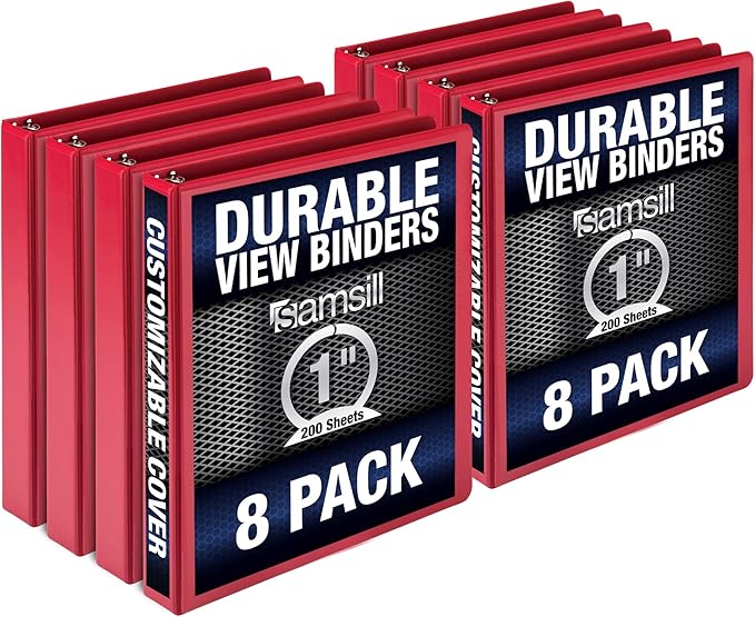 Samsill Durable 1 Inch Binder, Made in The USA, Round Ring Customizable Clear View Binder, Red, 8 Pack (MP88433)