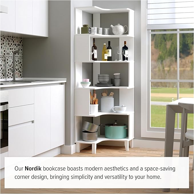 Prepac Nordik 6-Tier White Modern Mid Century Corner Bookcase, 71.5" Extra Tall White Corner Shelf with Storage, Multifunctional Freestanding Bookshelf for Home Office, Living Room, Bedroom