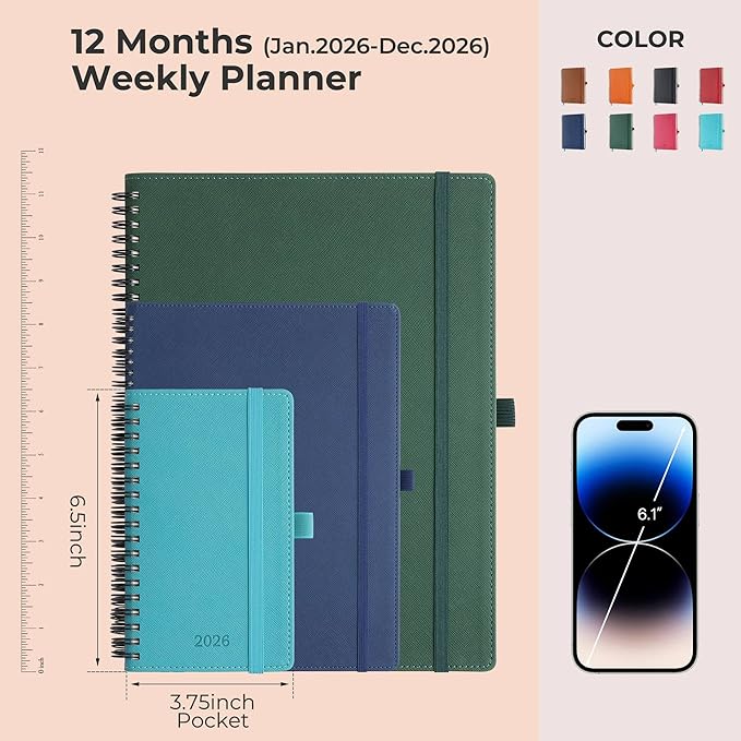 Planner 2026 Daily Weekly and Monthly,6.5"x3.75",12 Months Spiral Bound Calendar Agenda with Self-adhesive Pen Holder,2026 Appointment Book with Vegan Leather Soft Cover,Blue