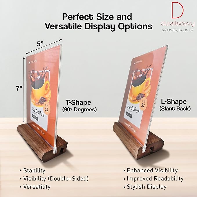 Acrylic Sign Holder 5x7" [3-PACK] | Walnut Wood Base and Crystal-Clear Acrylic Frame: Double-Sided Tabletop Display. Menu Holder, Picture Frame, Store Sign, Display Stand or Booth Display.