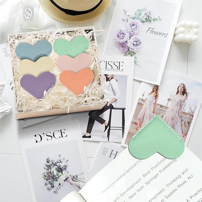 Leather Heart Bookmarks - Winjeto 6 Pieces Cute Corner Page Book Marks for Teachers Students Book Reading Lovers, for School Office Home Supplies (Love（6pcs）)