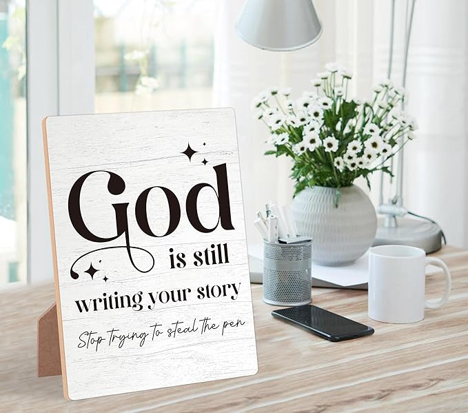 God Is Still Writing Your Story Wooden Sign with Stand, Bible Verses Decor, Christian Home Decor, Desk Signs for Office, Christian Gifts, Coworker Gifts, Encouragement Gifts for Women Men Friend,9