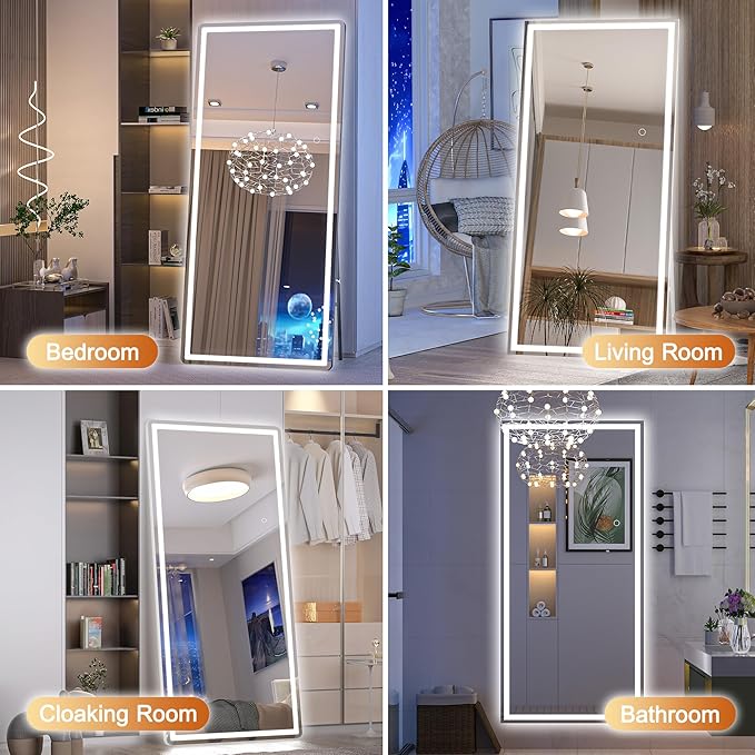 Hasipu Full Length LED Mirror with Lights, 71" x 27.6" Floor Standing or Hanging Mounted, Full Body Dressing Mirror, Dimmable Light, Tempered Glass, Square White