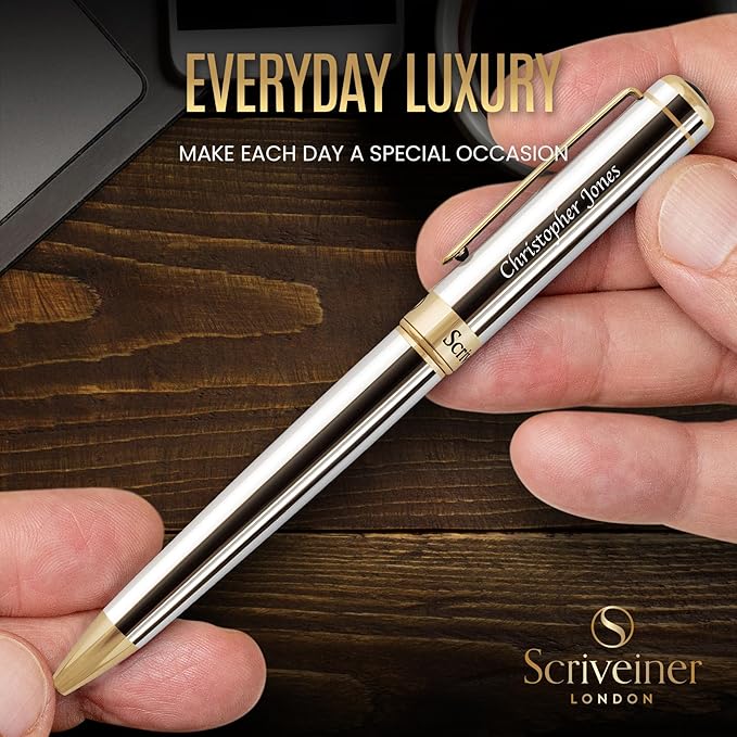 Scriveiner Personalized Silver Chrome Ballpoint Pen - Stunning Luxury Pen, Real Gold Plating, Schmidt Ink Refill, Best Engraved Ball Point Gift Set for Men & Women, Custom Name Engraving