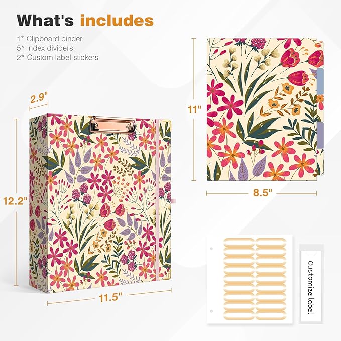 Ospelelf 3 Ring Binder, 2 Inch Letter Size (11" x 8.5") with 5 Tab Dividers, File Folder Labels and Low Profile Clipboards, Floral Binder for School and Office Supplies