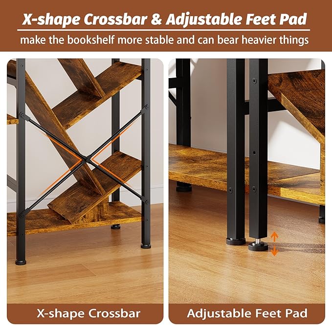 5-Tier Double Wide Bookshelf 67" , Industrial Tree BookShelves, Vintage Storage Rack with 14 Open Shelves, Large Bookcase, Wooden and Metal Bookshelves, Wide Display Rack for Home Office Decorative