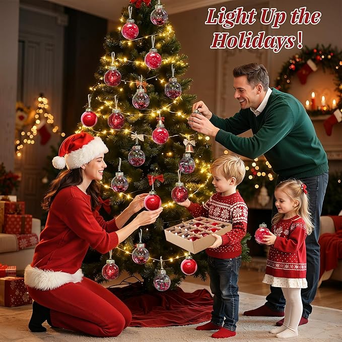 DeckTheHalls Christmas Ball Ornaments Set, 16-Piece Clear Plastic Decor for Crafts, Reusable DIY Festive Tree Decorations, Easy Hang Unbreakable Ornaments for Holiday, Party, Wedding (Red)
