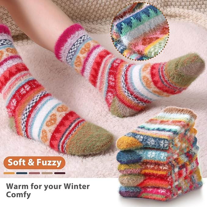 ICEIVY 5 Pair Fuzzy Cozy Socks for Women - Warm Comfy Soft Casual Home Sleep Winter Wool Socks - Gifts for Women