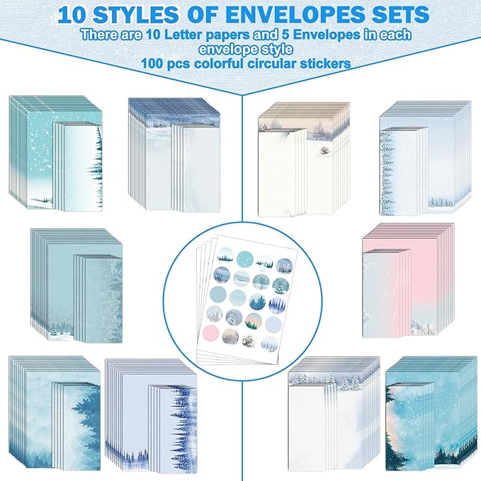 250Pcs Christmas Winter Stationery Paper and Envelope Set with 100 Letterhead Papers and 50 Envelopes, 10 Design for Letter Writing Invitations Computer Holidays Party Notes, 8.5x11 Inch-Snowy