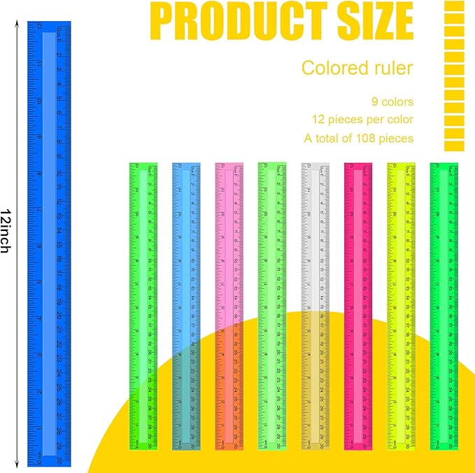 Panelee 108 Packs 12 Inch Plastic Ruler - Color Transparent, Assorted Colors, Metric Clear With Inches and Centimeters for Kids, School, Home, Classroom, Office - Back to School Gifts Supplies