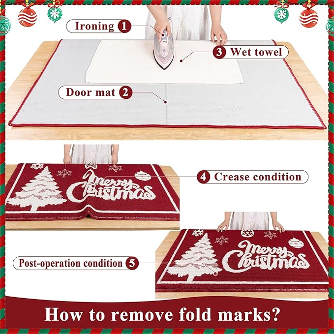 Christmas Doormat with Non Slip, Loop Pile Red and White Indoor Christmas Welcome Mat with Absorbent & Dirt-Trapping, Outdoor Christmas Tree Door Mat Front Porch Decor 32x48 Inch