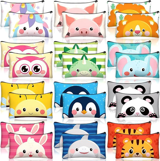 36 Pcs Cartoon Animal Pencil Case Bulk Cute Cartoon Pencil Pouch Multicolor Canvas Pen Bag Organizer with Zipper Stationery Back to School Supplies(Lovely)