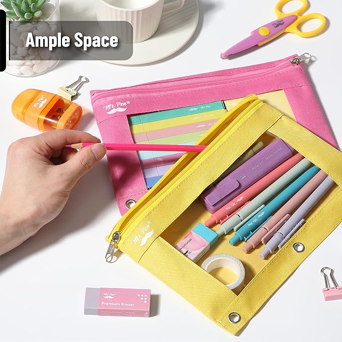 Mr. Pen- 2 Pack Pencil Cases, Pink and Yellow Flat Zipper Pouch for 3 Ring Binder